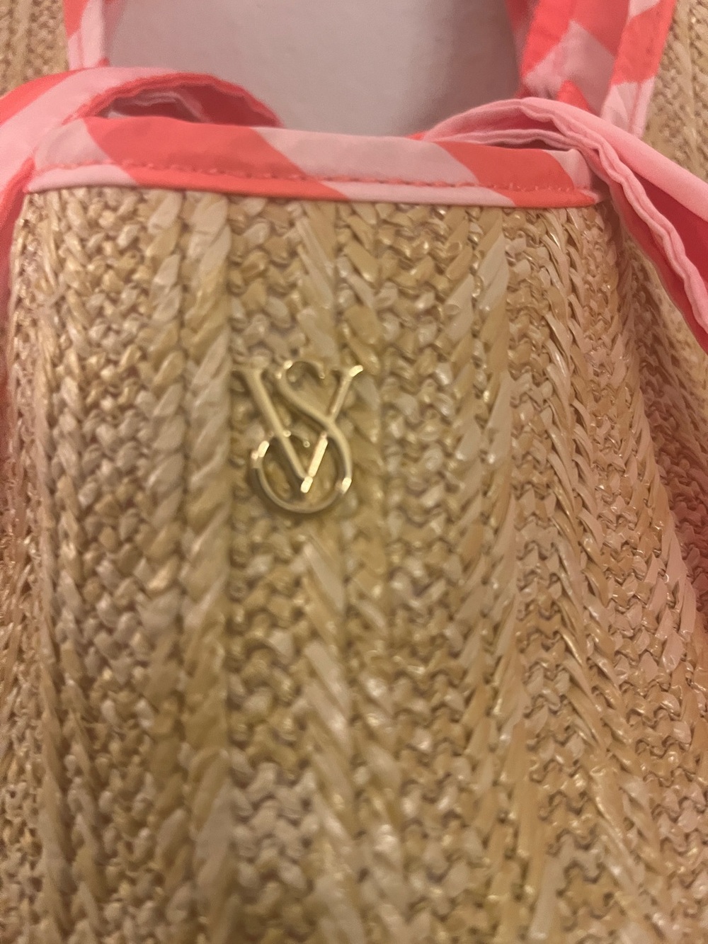 Victoria’s Secret Reversible Straw Tote Beach Bag Pink White Stripes NWT - Picture 6 of 13